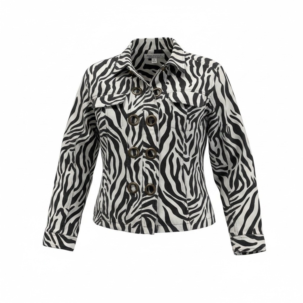 New Directions Zebra Print Canvas Studded Jacket Women Medium Black White Zip